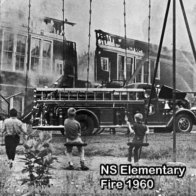 Devastating fire that destroyed the North Salem Elementary School, August, 1960; the North Salem firehouse now stands on the grounds previously used by the school