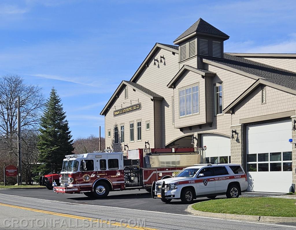 T-8 and Port Chester FD stand-by at Banksville's firehouse while units operated at a structure fire in Bedford, 04/08/24